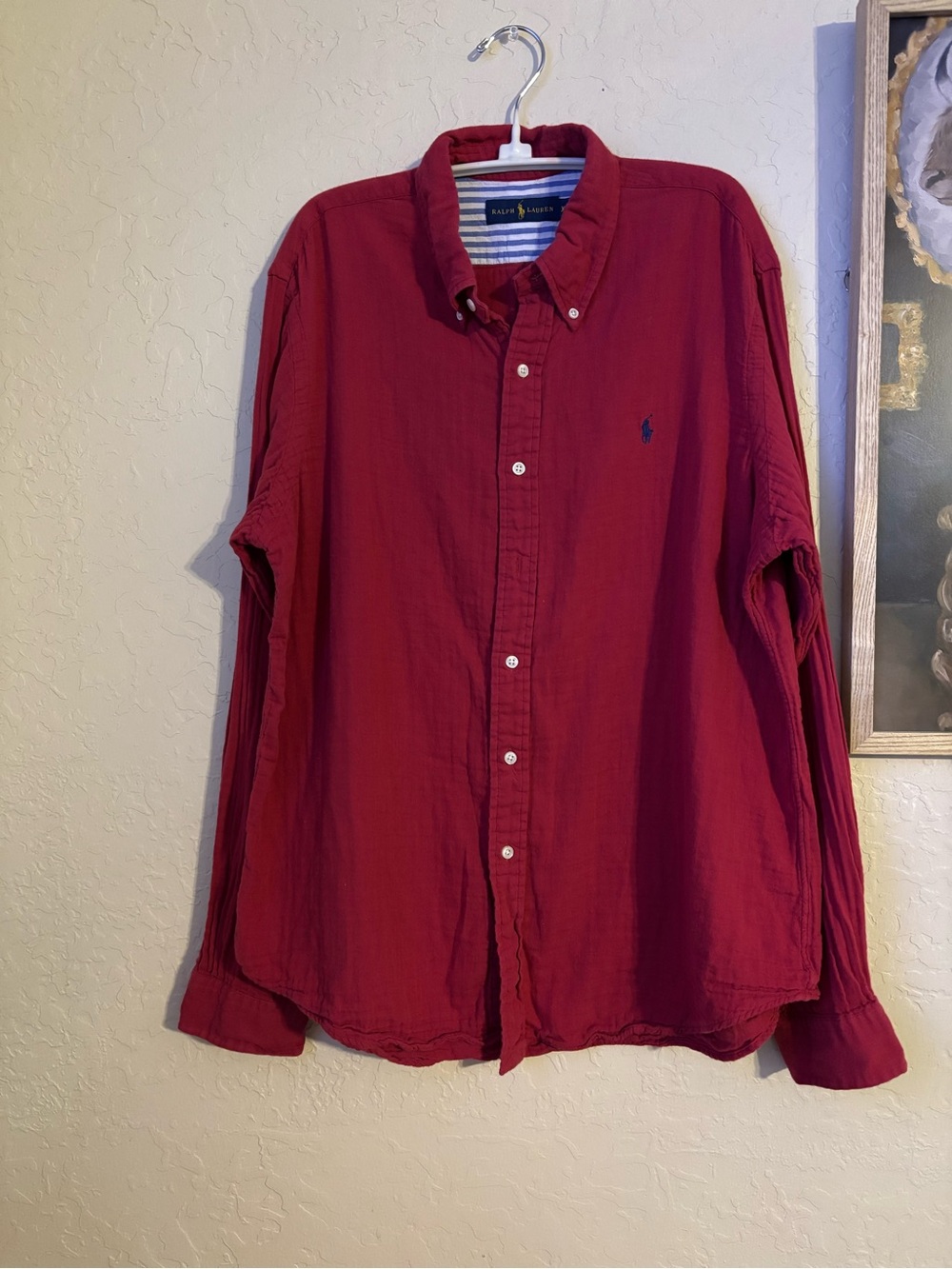 Ralph Lauren Mens XL crinkle/gauze like 100% cotton button down, blue pony